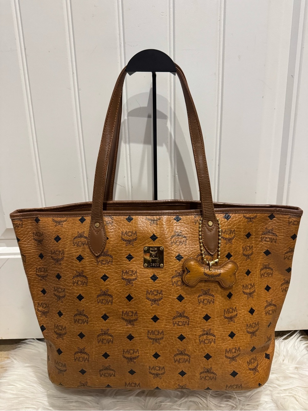 MCM Cognac Visetos Logo Tote with Gold Hardware